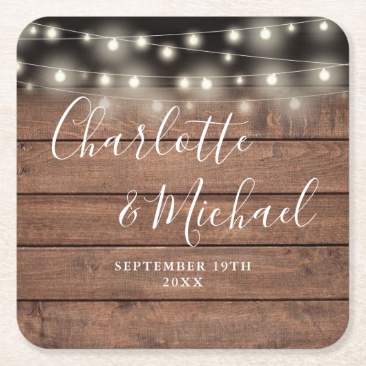 String Lights 素朴 Wood Signature Script結婚's スクエアペーパーコースター (正面)