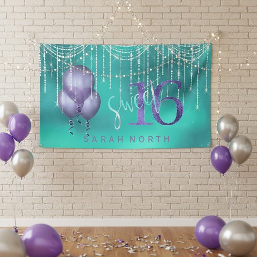 String Lights & Balloons Sweet 16 ティールパープル ID473 横断幕