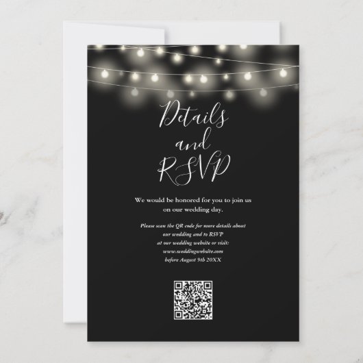 String Lights Black And White QR Code Wedding 招待状 (裏面)
