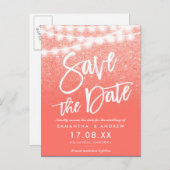 String lights coralグリッターbright save the date 案内ポストカード (正面/裏面)