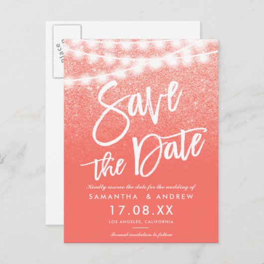 String lights coralグリッターbright save the date 案内ポストカード (正面/裏面)