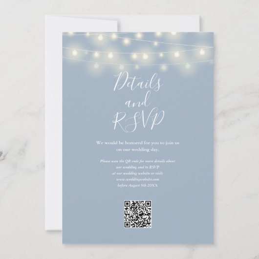 String Lights Dusty Blue QR Code Wedding 招待状 (裏面)