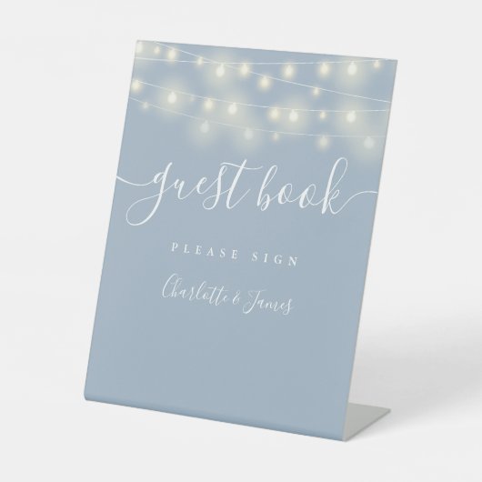 String Lights Dusty Blue Script ゲストブック 台座サイン (正面)