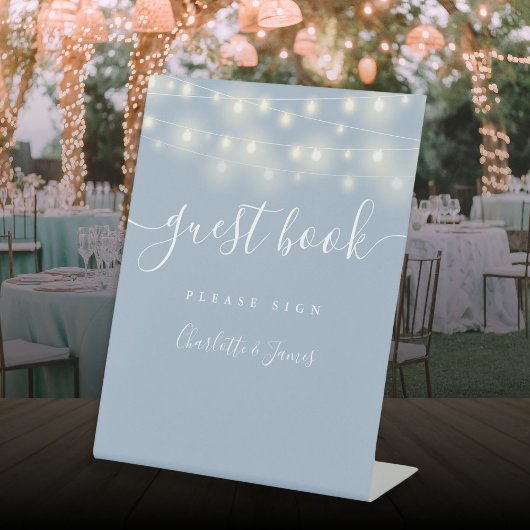 String Lights Dusty Blue Script ゲストブック 台座サイン