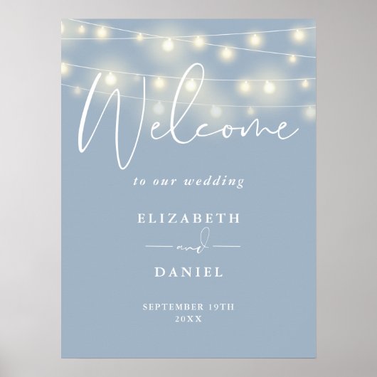 String Lights Dusty Blue Wedding Welcome Sign ポスター (正面)