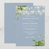 String Lights Greenery Dusty Blue Monogram 結婚's 招待状 (正面/裏面)