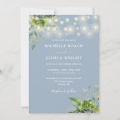 String Lights Greenery Dusty Blue QR Code 結婚's 招待状 (正面)