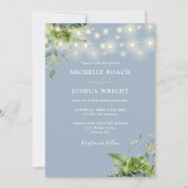 String Lights Greenery Dusty Blue QR Code 結婚's 招待状