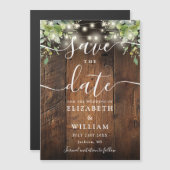String Lights Greenery Wood Wedding Save The Date マグネット招待状 (正面/裏面)