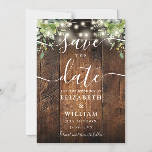 String Lights Greenery Wood Wedding Save The Date マグネット招待状 (正面)