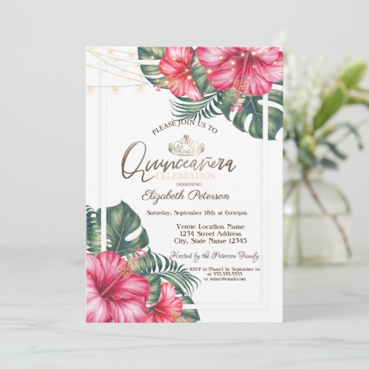 String Lights Hibuscus Summer Quinceañera 招待状 (スタンド正面)