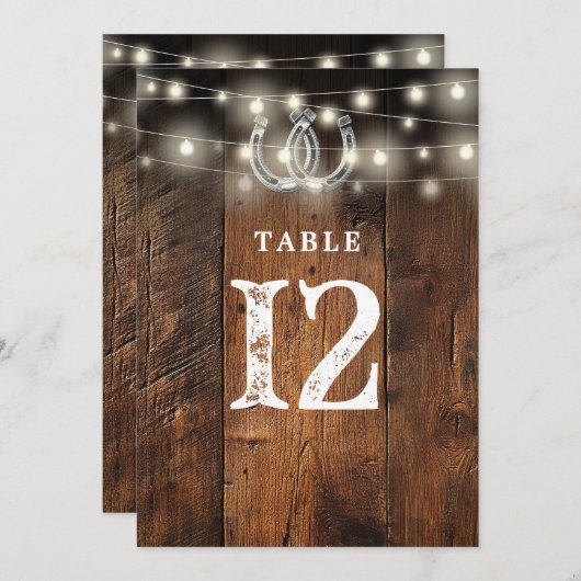 String Lights Horseshoes Barn Wood Table Number 招待状 (正面/裏面)
