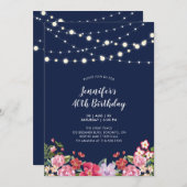 String Lights & Navyフローラ成人誕生日パーティー 招待状 (正面/裏面)