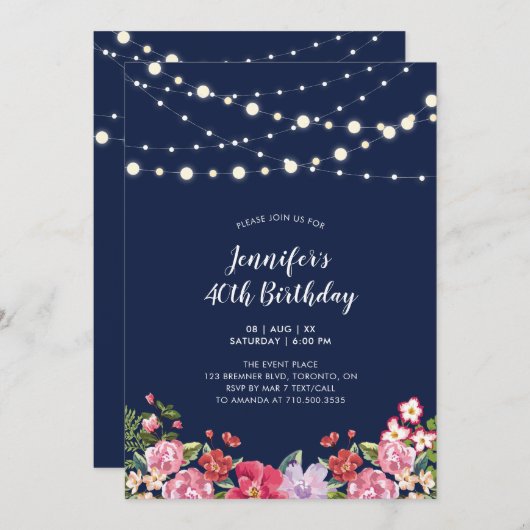 String Lights & Navyフローラ成人誕生日パーティー 招待状 (正面/裏面)