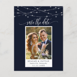 String Lights Navy Blue Photo Save The Date 案内ポストカード