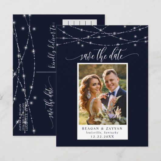 String Lights Navy Blue Photo Save The Date 案内ポストカード (正面/裏面)