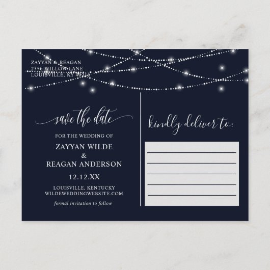 String Lights Navy Blue Photo Save The Date 案内ポストカード (裏面)