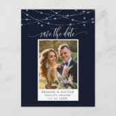 String Lights Navy Blue Photo Save The Date 案内ポストカード (正面)