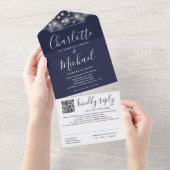 String Lights Navy Blue Script QRコード結婚s オールインワン招待状 (貼ってはがせる)
