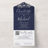 String Lights Navy Blue Script QRコード結婚s オールインワン招待状 (内側)