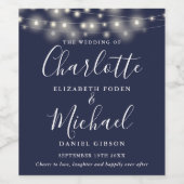 String Lights Navy Blue Signature Script 結婚's ワインラベル (シングルラベル)