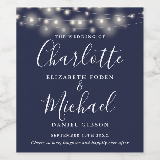 String Lights Navy Blue Signature Script 結婚's ワインラベル (シングルラベル)