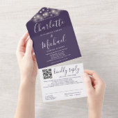 String Lights Purple Script QR Code 結婚's オールインワン招待状 (貼ってはがせる)