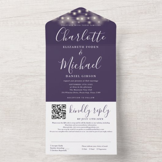 String Lights Purple Script QR Code 結婚's オールインワン招待状 (内側)