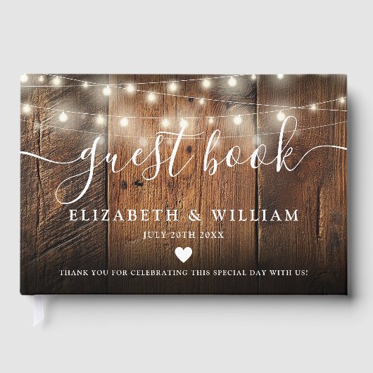 String Lights Rustic Barn Wood Wedding ゲストブック (正面)