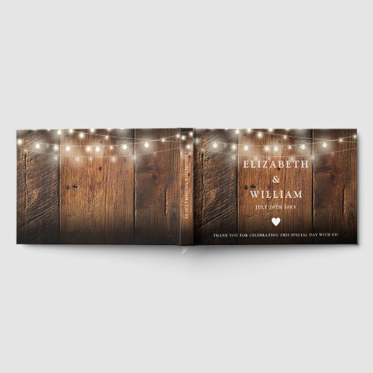 String Lights Rustic Wood Boho Barn Wedding ゲストブック (全面)