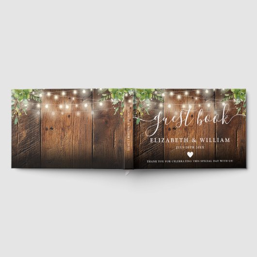 String Lights Rustic  Wood Greenery Wedding ゲストブック (全面)