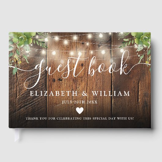 String Lights Rustic  Wood Greenery Wedding ゲストブック (正面)