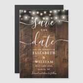 String Lights Rustic Wood Wedding Save The Date マグネット招待状 (正面/裏面)