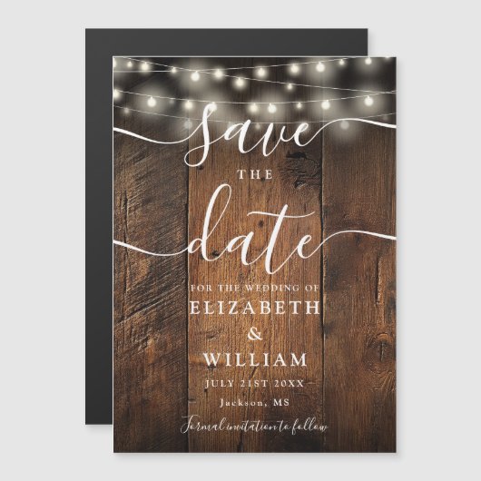 String Lights Rustic Wood Wedding Save The Date マグネット招待状 (正面/裏面)