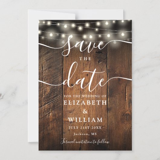 String Lights Rustic Wood Wedding Save The Date マグネット招待状 (正面)