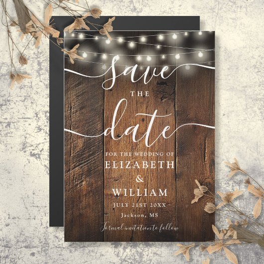 String Lights Rustic Wood Wedding Save The Date マグネット招待状