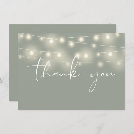 String Lights Sage Green Script Calligraphy サンキューカード (正面/裏面)