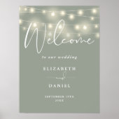 String Lights Sage Green Wedding Welcome Sign ポスター (正面)