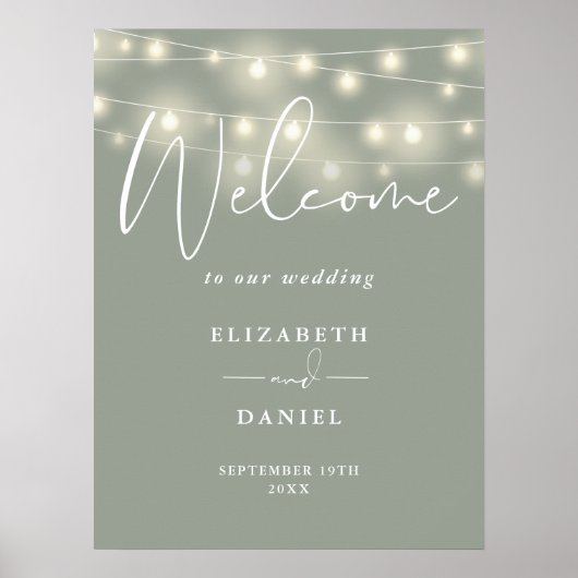 String Lights Sage Green Wedding Welcome Sign ポスター (正面)