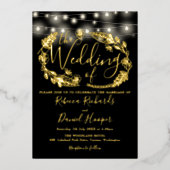 String Lights Script Wedding Black And Gold 箔招待状 (正面)