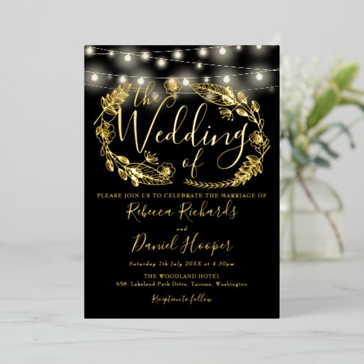String Lights Script Wedding Black And Gold  箔招待状 (立ち正面)