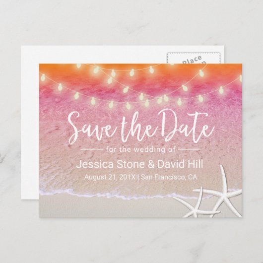 String Lights Sunsetビーチ結婚式日付の保存 案内ポストカード (正面/裏面)