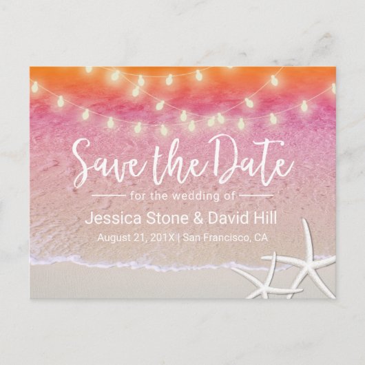 String Lights Sunsetビーチ結婚式日付の保存 案内ポストカード (正面)