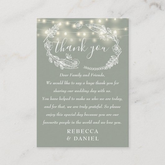 String Lights Thank You Sage Green 結婚's プレイスカード (正面)