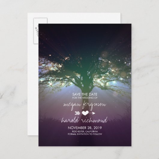 String Lights Tree素朴 Save the Date 案内ポストカード (正面/裏面)