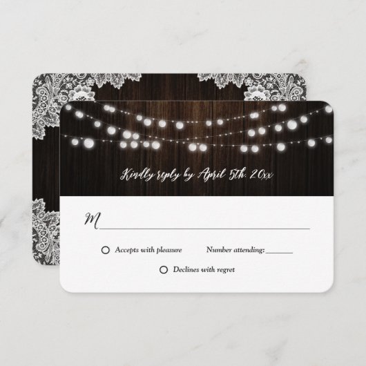 String Lights Wood Purple Blue Floral Wedding 出欠カード (正面/裏面)