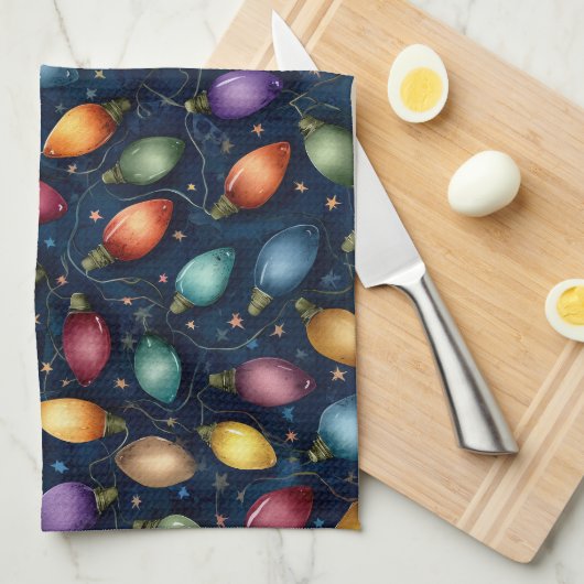 String Of Colorful Christmas Lights  キッチンタオル (四つ折り)