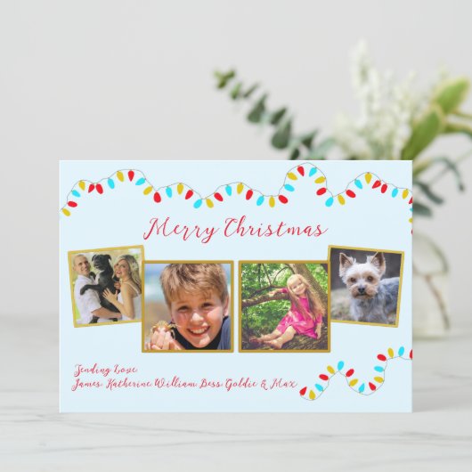 String of Lights Blue Christmas Four Photo シーズンカード (スタンド正面)