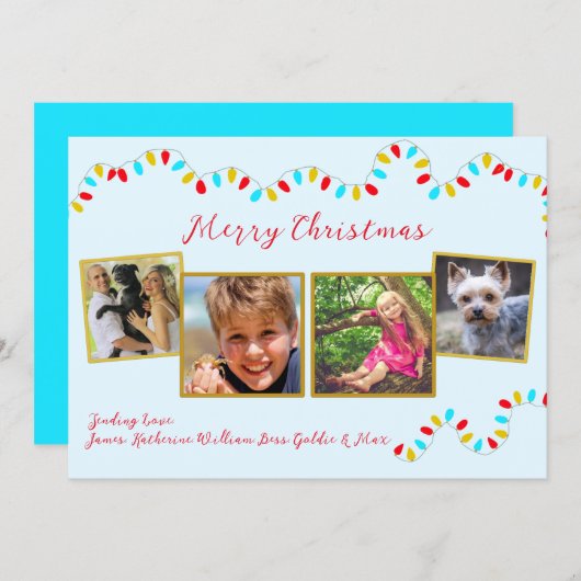 String of Lights Blue Christmas Four Photo シーズンカード (正面/裏面)