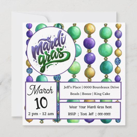 Strings of Colorful Mardi Gras Beads 招待状 (正面)